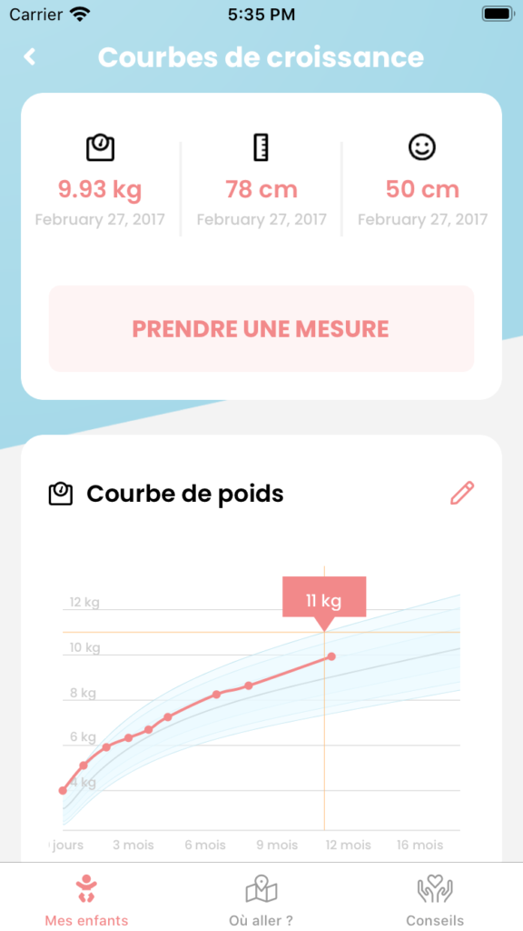 Suivi des courbes de croissance sur l'application mobile Grandir.